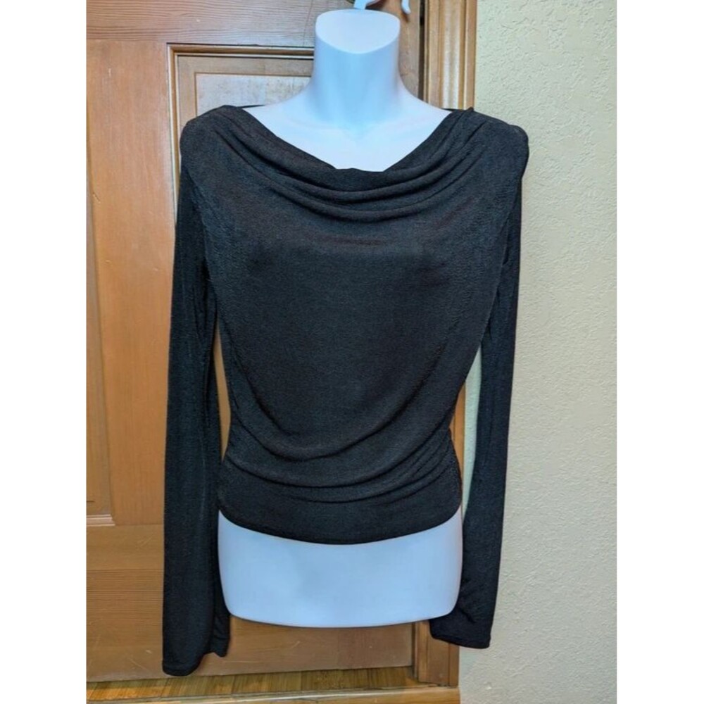 PrettyLittleThing Black Sparkle Cowl Neck Long Sleeve Top Size 6 NWT